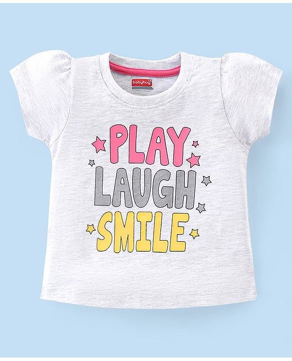 Babyhug Single Jersey Knit Half Sleeves Capri Night Suit Text & Star Print - Grey & Pink