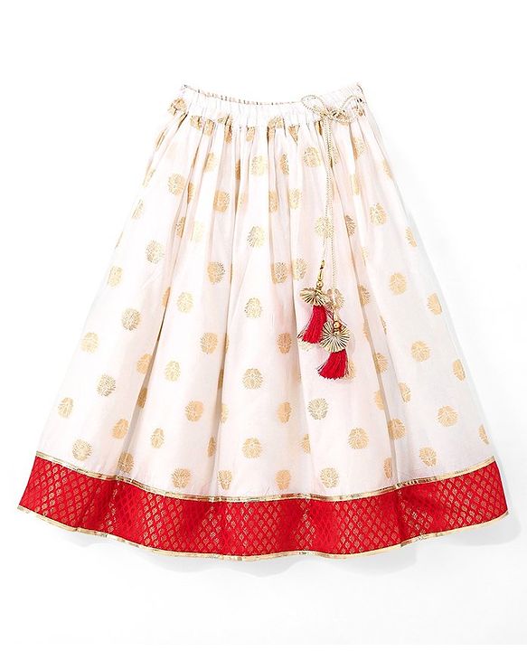 Babyhug Woven Half Sleeves Chanderi Butti Lehenga with Brocade Choli & Dupatta Set - White & Red