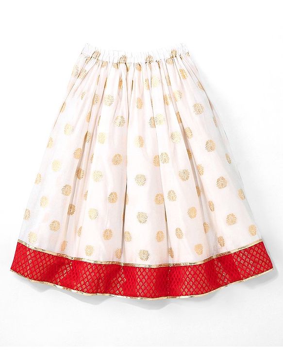 Babyhug Woven Half Sleeves Chanderi Butti Lehenga with Brocade Choli & Dupatta Set - White & Red