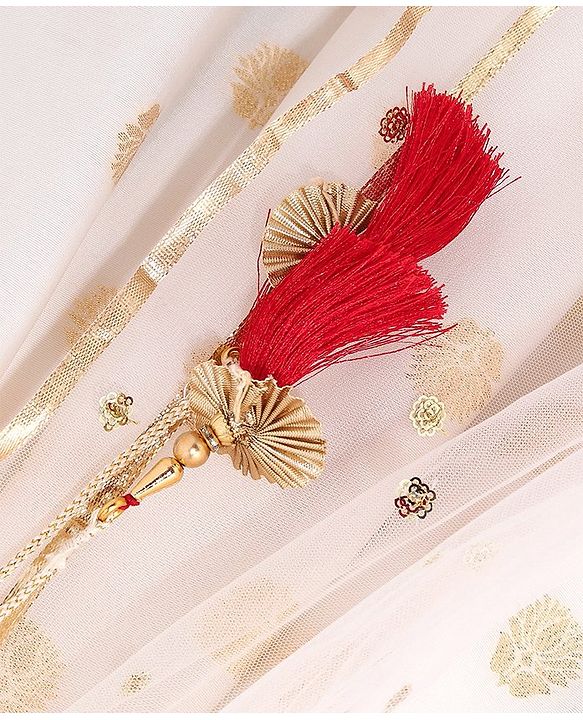 Babyhug Woven Half Sleeves Chanderi Butti Lehenga with Brocade Choli & Dupatta Set - White & Red