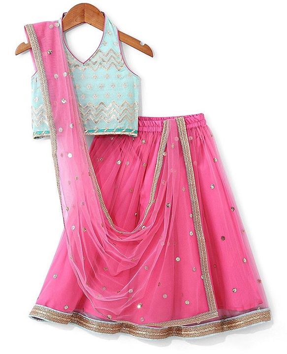 Babyhug Sleeveless  Foil Printed Choli & Embroidered  Lehenga Set with Dupatta - Pink & Blue