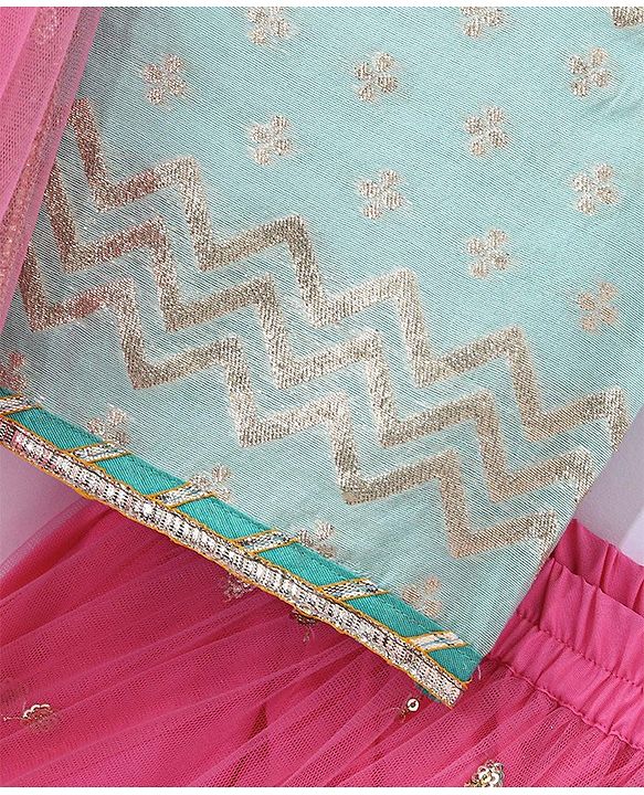 Babyhug Sleeveless  Foil Printed Choli & Embroidered  Lehenga Set with Dupatta - Pink & Blue