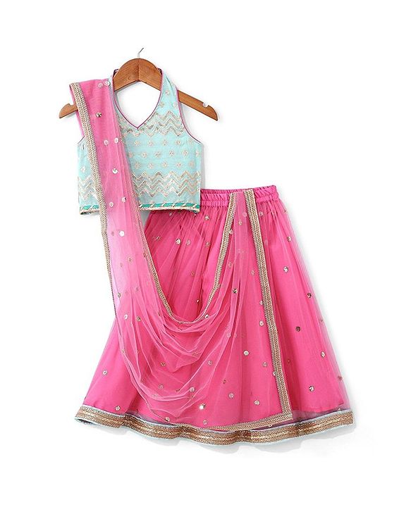 Babyhug Sleeveless  Foil Printed Choli & Embroidered  Lehenga Set with Dupatta - Pink & Blue
