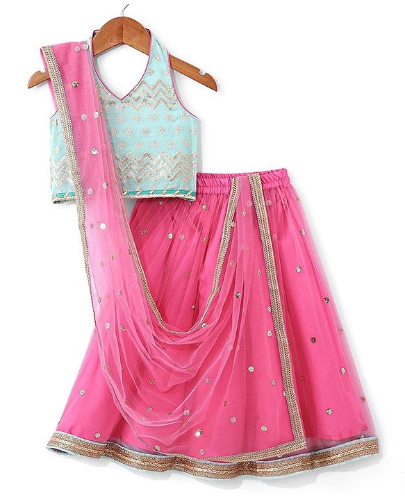 Babyhug Sleeveless  Foil Printed Choli & Embroidered  Lehenga Set with Dupatta - Pink & Blue