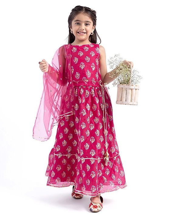 Babyhug Woven Sleeveless Foil Printed Lehenga Choli With Dupatta Set Floral Print - Fuchsia