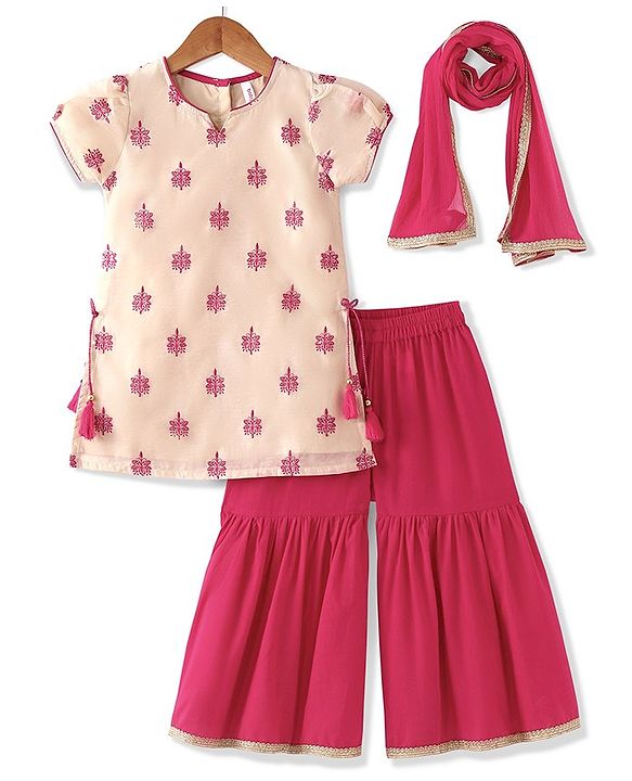 Babyhug Woven Half Sleeves Floral Embroidered Kurti Palazzo & Dupatta - Beige & Red