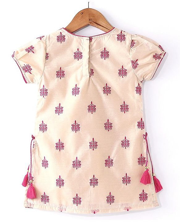 Babyhug Woven Half Sleeves Floral Embroidered Kurti Palazzo & Dupatta - Beige & Red