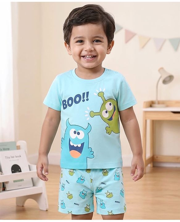 Babyhug Cotton Knit Half Sleeves Printed Night Suit - Blue