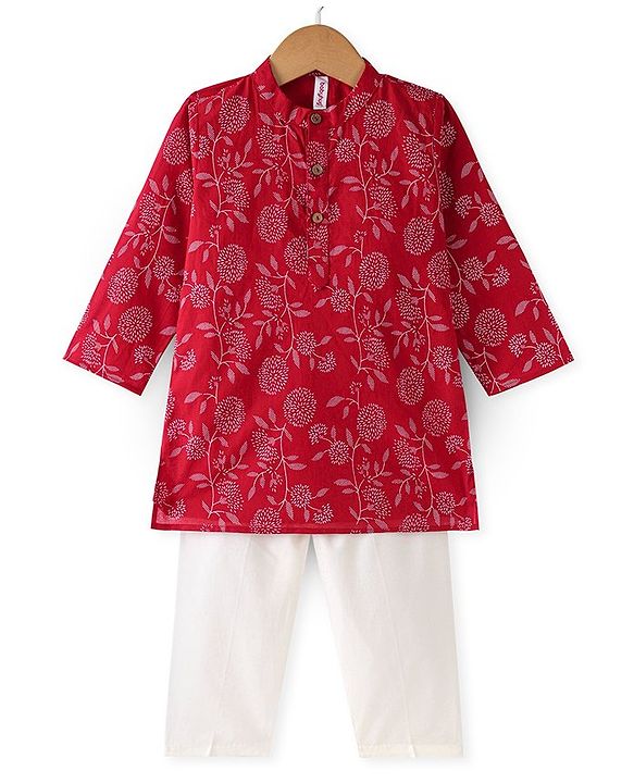 Babyhug 100% Cotton Woven Full Sleeves Kurta & Pyjama Set With Floral Print - Red & White