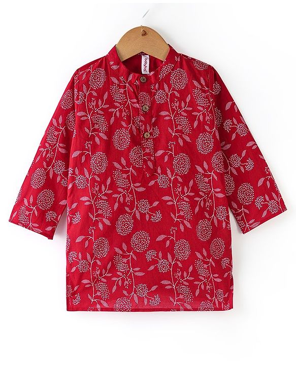 Babyhug 100% Cotton Woven Full Sleeves Kurta & Pyjama Set With Floral Print - Red & White
