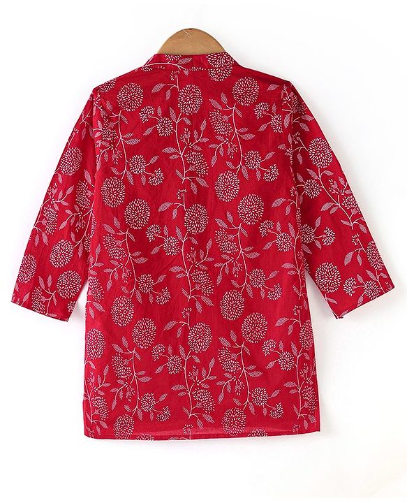 Babyhug 100% Cotton Woven Full Sleeves Kurta & Pyjama Set With Floral Print - Red & White