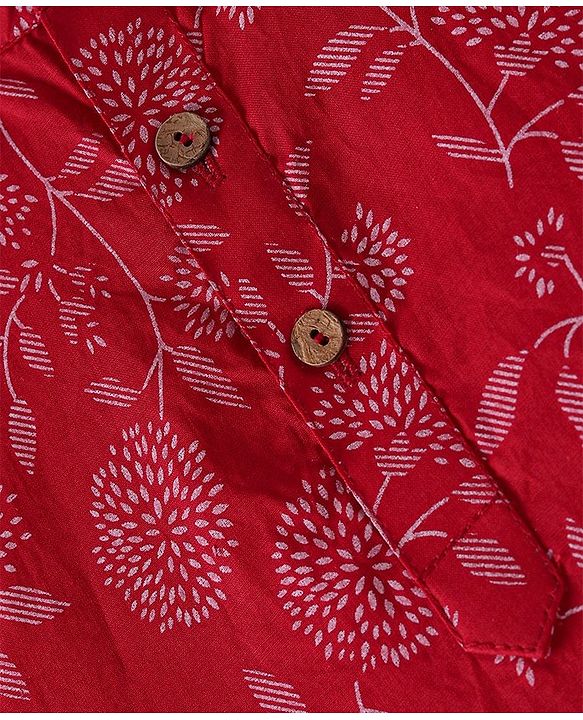 Babyhug 100% Cotton Woven Full Sleeves Kurta & Pyjama Set With Floral Print - Red & White