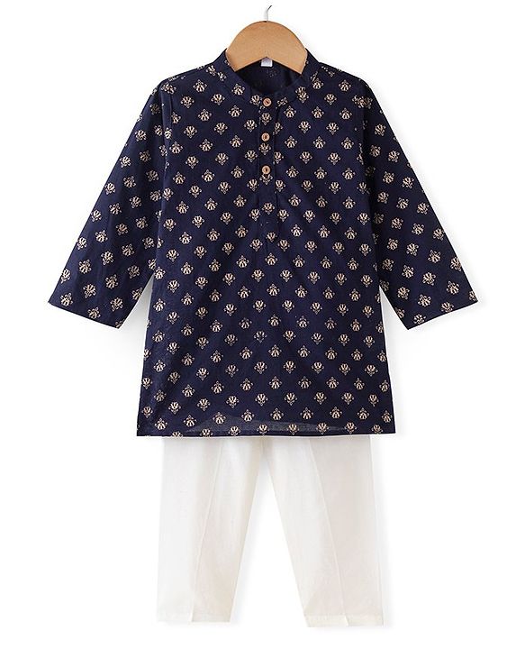 Babyhug 100% Cotton Woven Full Sleeves Kurta & Pyjama Set With Foil Print - Navy Blue & White