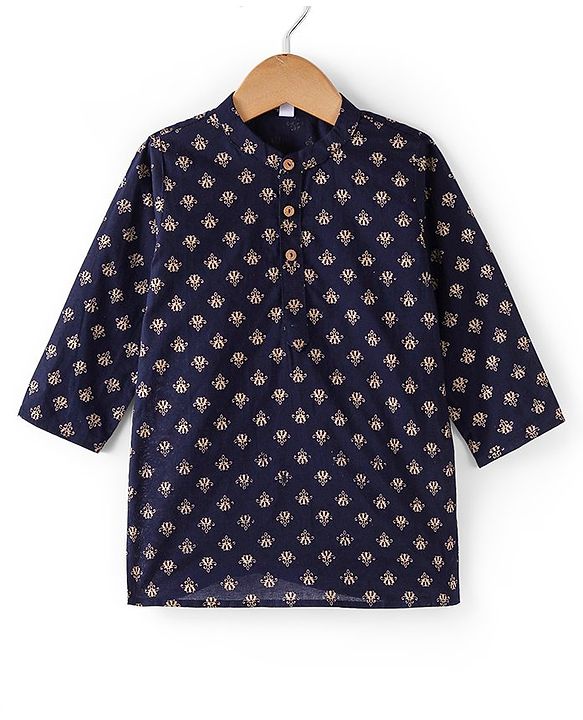 Babyhug 100% Cotton Woven Full Sleeves Kurta & Pyjama Set With Foil Print - Navy Blue & White