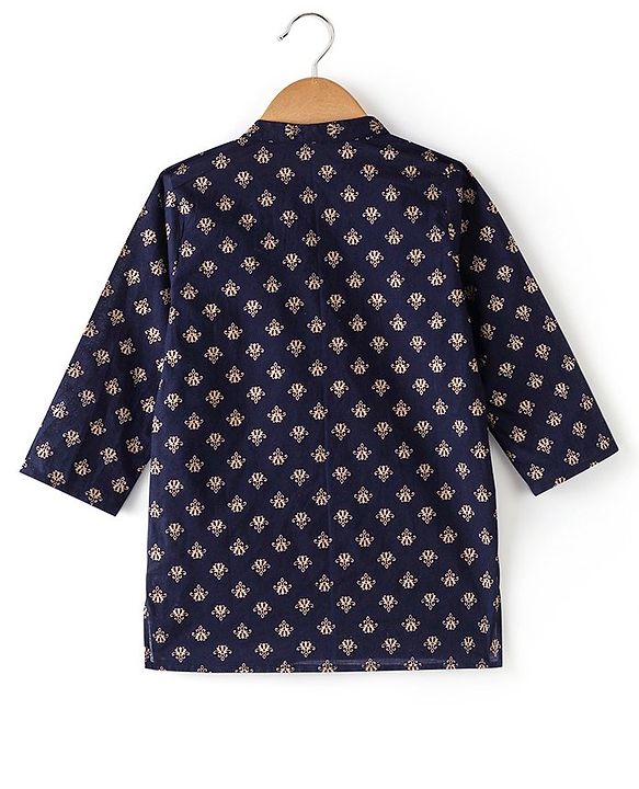 Babyhug 100% Cotton Woven Full Sleeves Kurta & Pyjama Set With Foil Print - Navy Blue & White