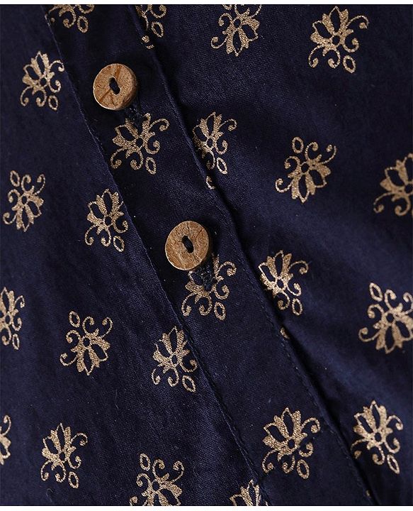 Babyhug 100% Cotton Woven Full Sleeves Kurta & Pyjama Set With Foil Print - Navy Blue & White