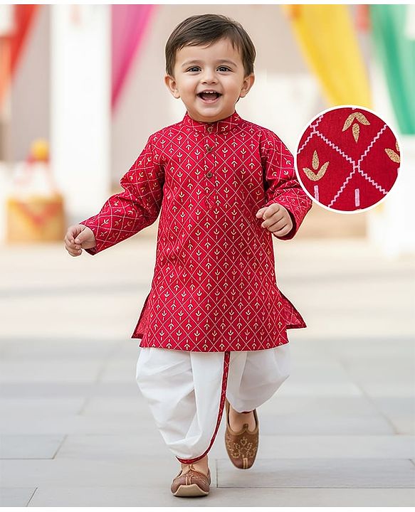Babyhug 100% Cotton Woven Full Sleeves Kurta & Dhoti Set With Floral Print - Red