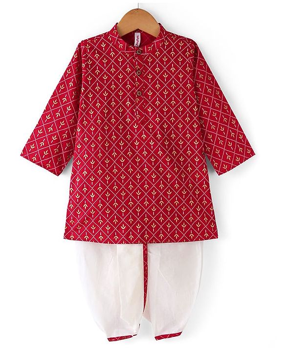 Babyhug 100% Cotton Woven Full Sleeves Kurta & Dhoti Set With Floral Print - Red