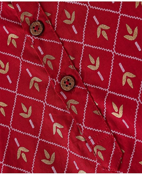 Babyhug 100% Cotton Woven Full Sleeves Kurta & Dhoti Set With Floral Print - Red