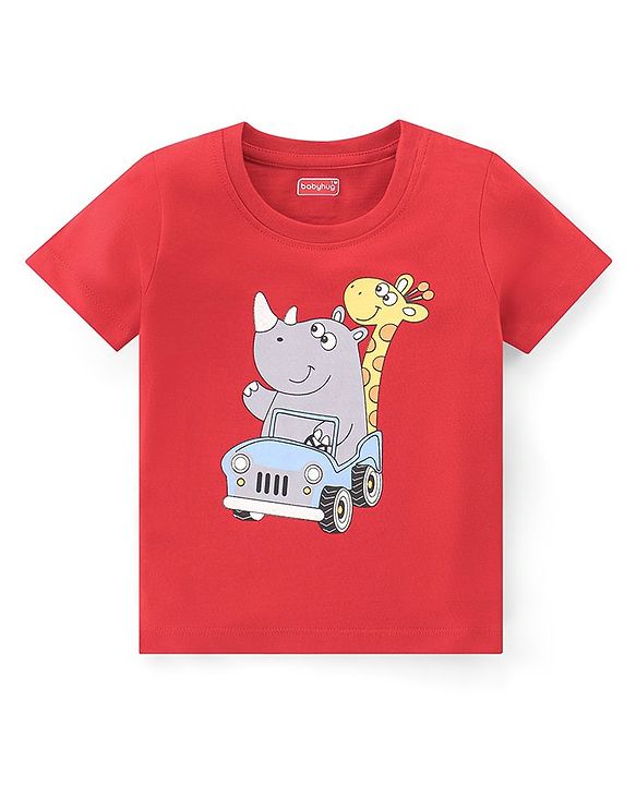 Babyhug Single Jersey Knit Half Sleeves Night Suit Stripes & Giraffe Print - Red