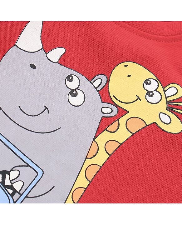 Babyhug Single Jersey Knit Half Sleeves Night Suit Stripes & Giraffe Print - Red