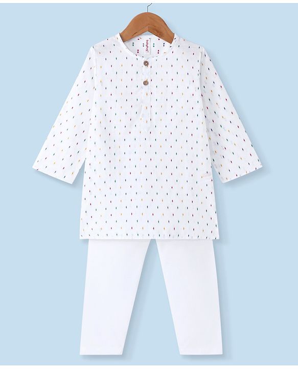 Babyhug 100%  Cotton Woven Kurta & Pyjama Set With Dots Pattern Print - White
