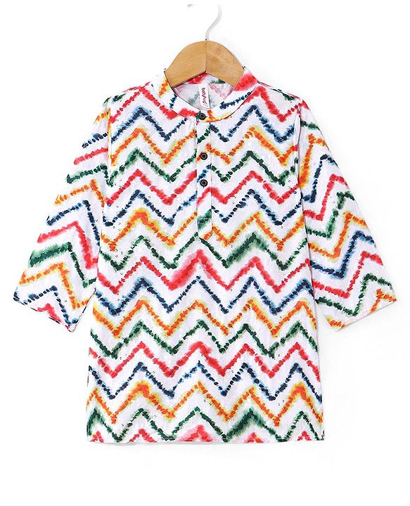 Babyhug 100% Cotton Woven Full Sleeves Kurta & Dhoti Set With Chevron Print - Multicolor