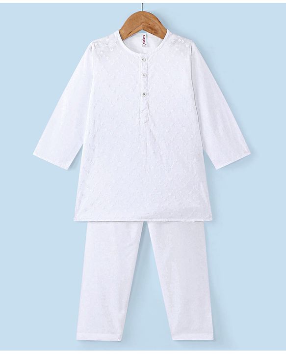 Babyhug 100% Cotton Woven Schiffly Full Sleeves Kurta & Pyjama Set Solid Colour - White