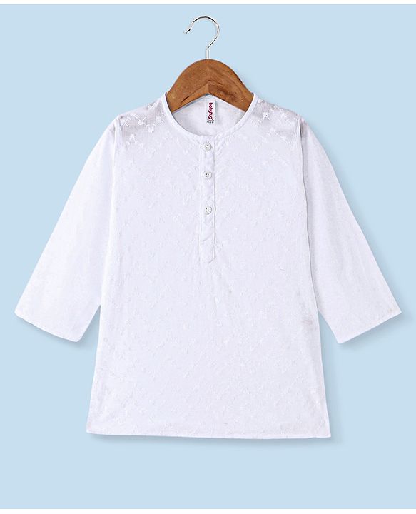 Babyhug 100% Cotton Woven Schiffly Full Sleeves Kurta & Pyjama Set Solid Colour - White