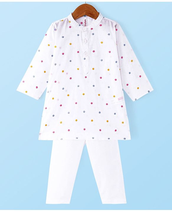 Babyhug 100% Cotton Woven Embroidered Full Sleeves Kurta Pyjama Set Solid Colour - White