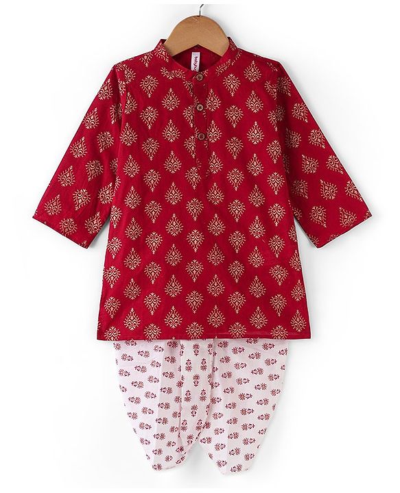 Babyhug Cotton Woven Full Sleeves Hand Block Printed Kurta & Dhoti Set - Red & White