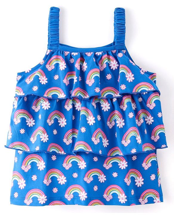 Babyhug Cotton Knit Sleeveless Floral & Rainbow Printed Top - Blue & Pink