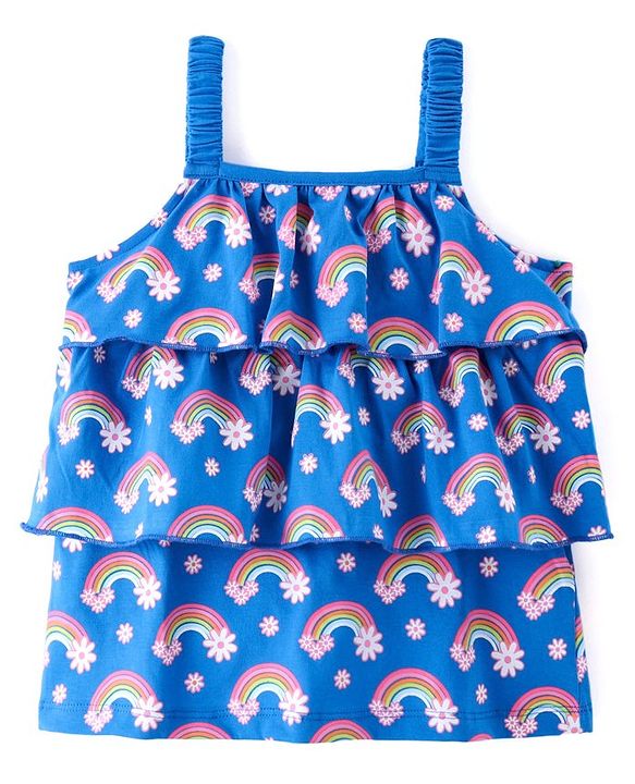 Babyhug Cotton Knit Sleeveless Floral & Rainbow Printed Top - Blue & Pink