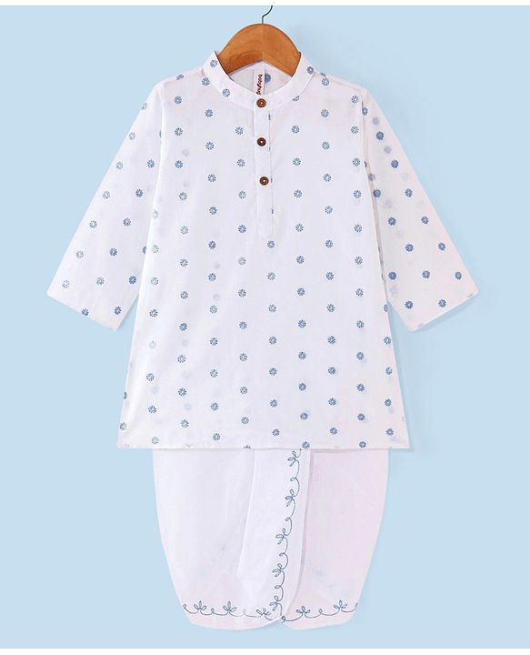 Babyhug 100% Cotton Foil Printed Full Sleeves Kurta & Dhoti Set - White & Blue