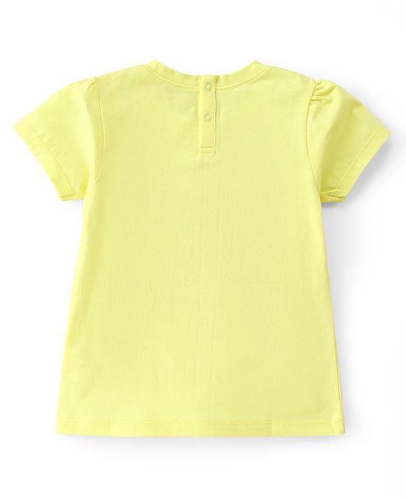 Babyhug 100% Cotton Knit Half Sleeves Top with Floral & Bird Graphics - Yellow