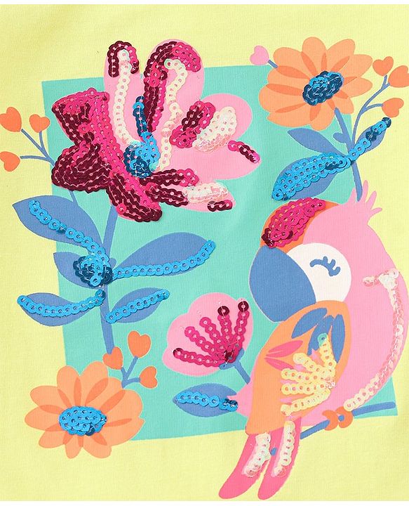 Babyhug 100% Cotton Knit Half Sleeves Top with Floral & Bird Graphics - Yellow
