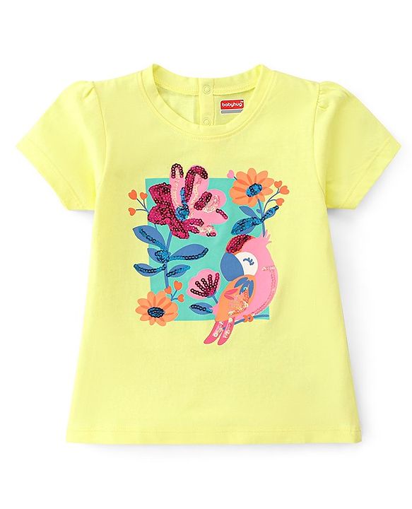 Babyhug 100% Cotton Knit Half Sleeves Top with Floral & Bird Graphics - Yellow