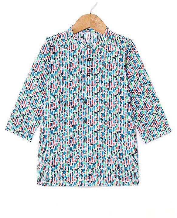 Babyhug 100% Cotton Woven Full Sleeves Kurta & Pyjama Set With Bricks Print - Multicolour