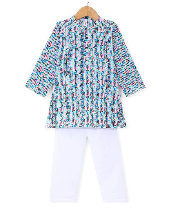 Babyhug 100% Cotton Woven Full Sleeves Kurta & Pyjama Set With Bricks Print - Multicolour