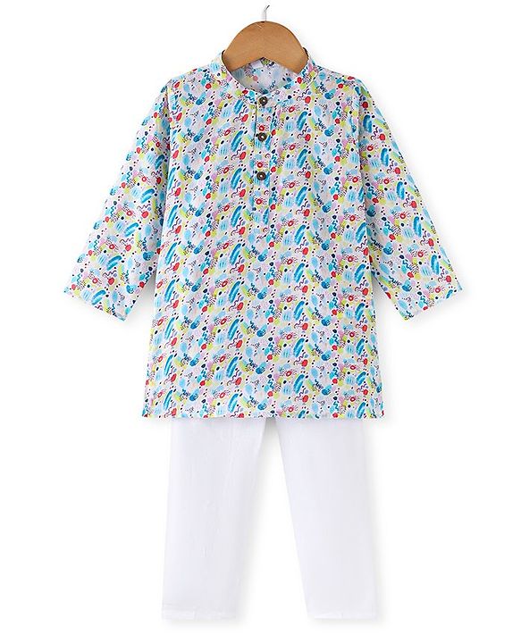 Babyhug 100% Cotton Woven Full Sleeves Kurta & Pyjama Set With Abstract Print - Blue & White