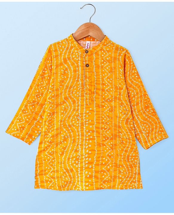 Babyhug 100% Cotton Woven Full Sleeves Bandhani Print Kurta Pyjama Set - Yellow