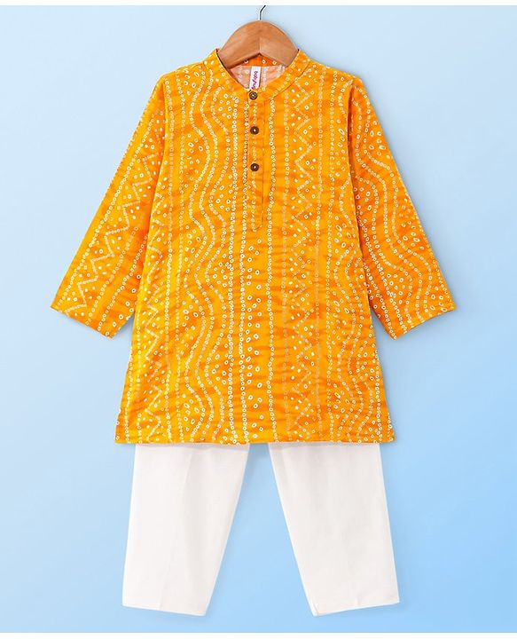 Babyhug 100% Cotton Woven Full Sleeves Bandhani Print Kurta Pyjama Set - Yellow