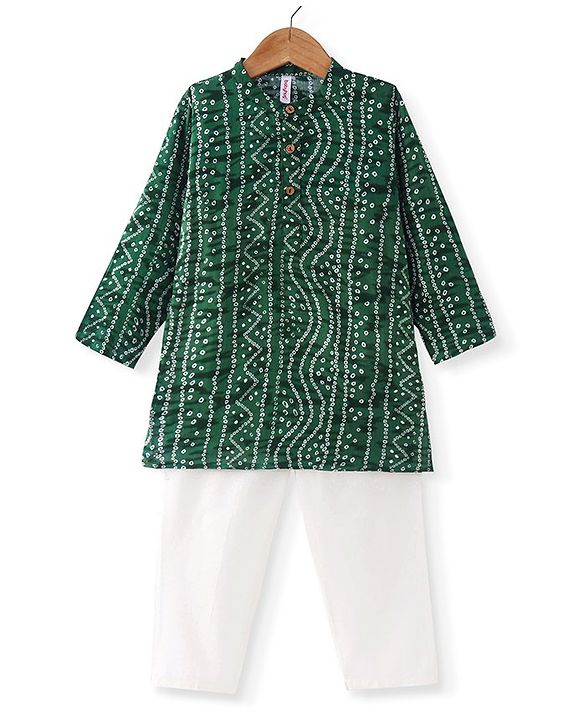 Babyhug Cotton Woven Full Sleeves Bandhani Print Kurta Pyjama Set - Green