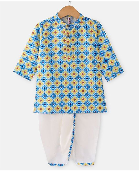 Babyhug 100% Cotton Woven Full Sleeves Kurta & Dhoti Set With Hand Block Print -Multicolour