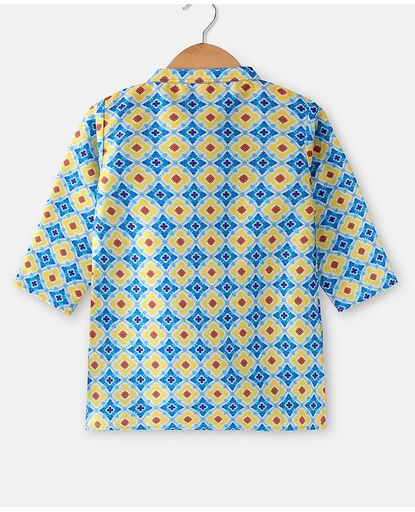 Babyhug 100% Cotton Woven Full Sleeves Kurta & Dhoti Set With Hand Block Print -Multicolour