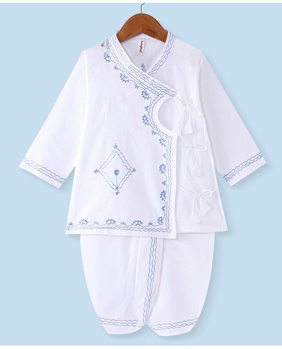 Babyhug 100% Cotton Woven Angarakha Full Sleeves Embroidered Kurta & Dhoti Set -White & Blue