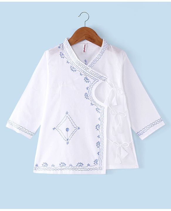 Babyhug 100% Cotton Woven Angarakha Full Sleeves Embroidered Kurta & Dhoti Set -White & Blue