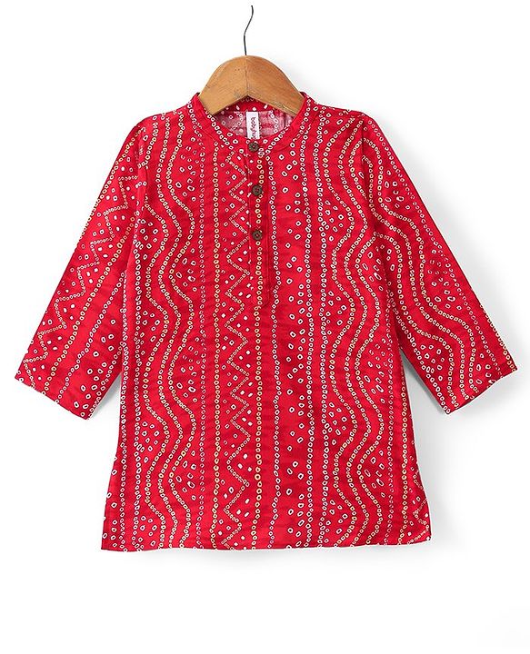 Babyhug 100% Cotton Woven Full Sleeves Bandhani Printed Kurta Pajama Set - Red