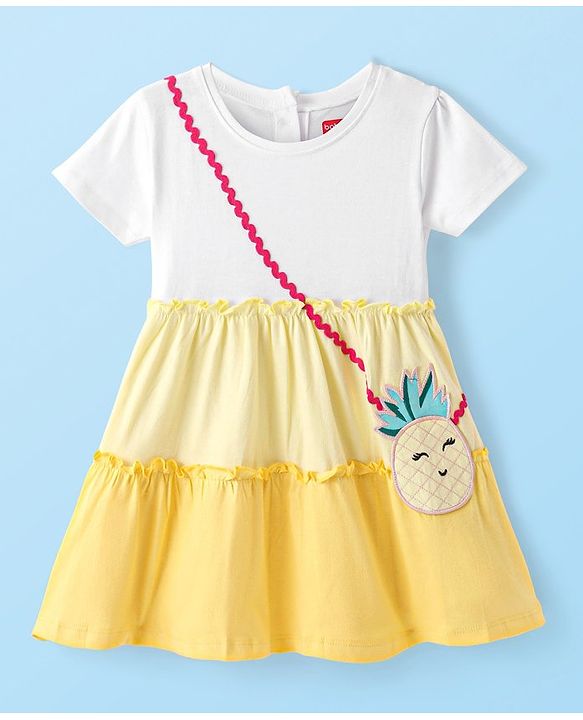 Babyhug Cotton Knit Half Sleeves Tiered Frock with Pineapple Patch - Yellow