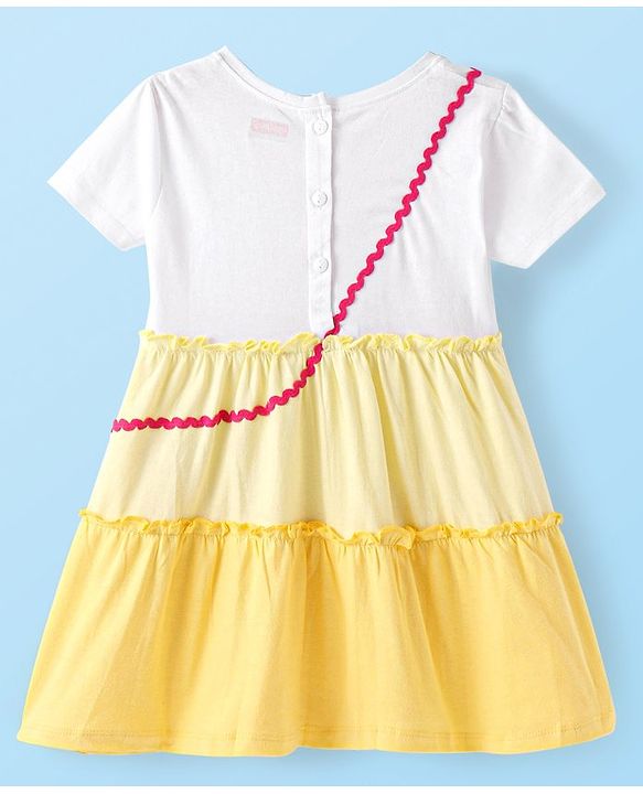 Babyhug Cotton Knit Half Sleeves Tiered Frock with Pineapple Patch - Yellow
